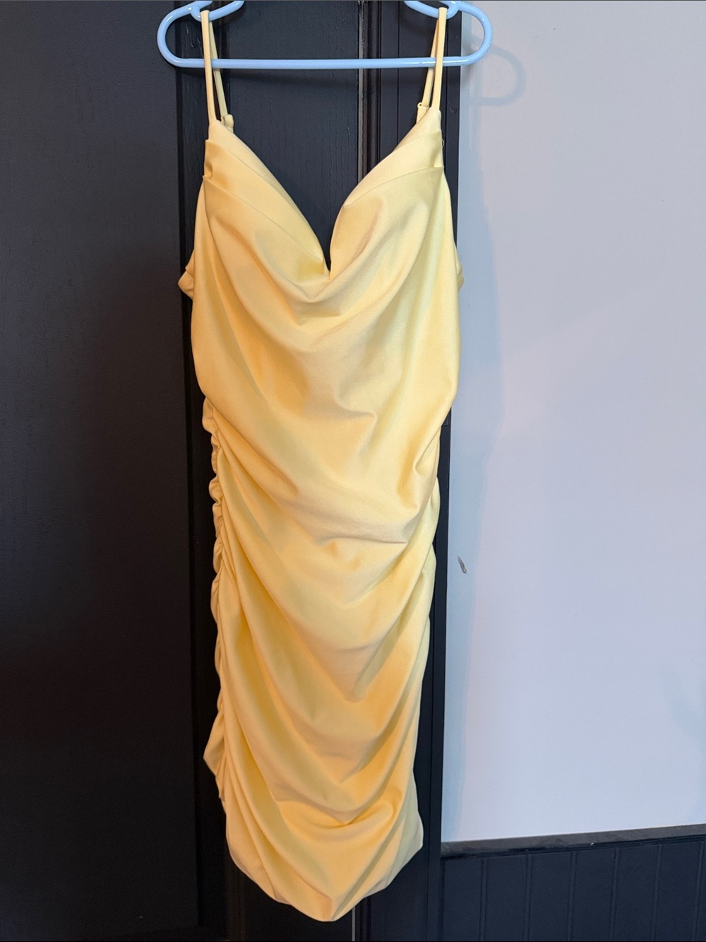 Windsor Pale Yellow Cowl Neck Ruched Midi Dress